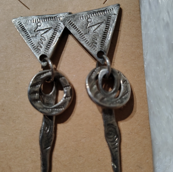 Vintage 90s Silver Geometric Dangle Earrings/SilverTone/ See Info - Picture 2 of 4
